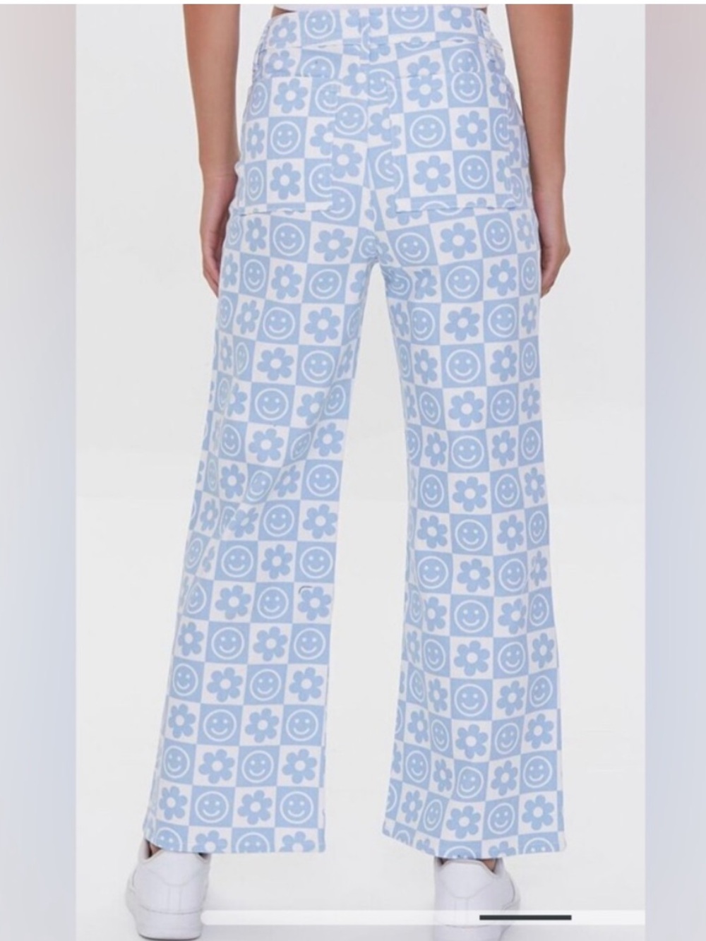 Forever 21 blue white checkered smiley face flower 70’s wide leg jean pants 27 - Picture 8 of 8